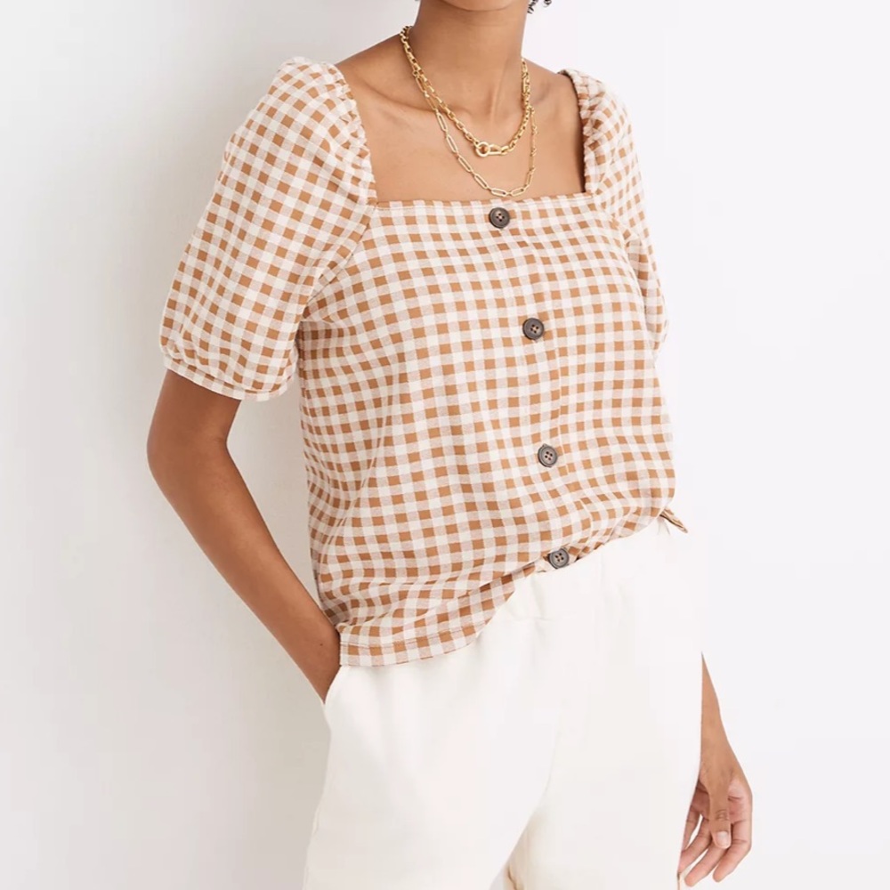 NWOT. Madewell. Gingham Jacquard Square-Neck Puff-Sleeve Top